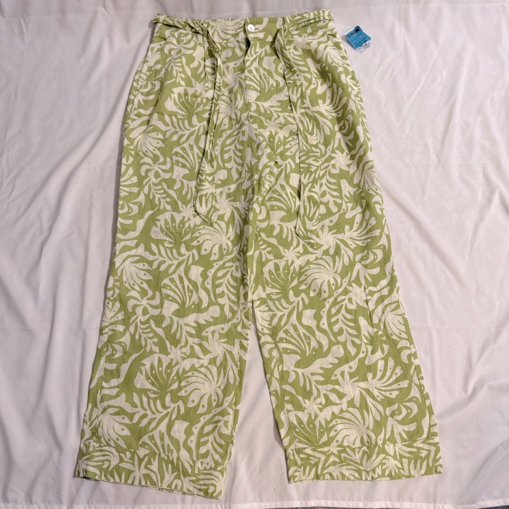 NWT Rachel Zoe Green Leaf Print Tie Waist 100% Linen Pants - Size Large